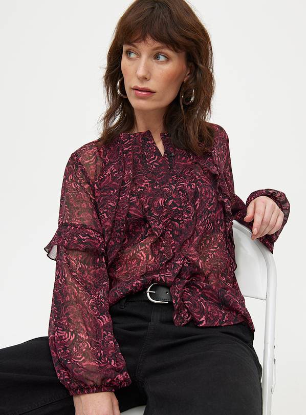 Dark Red Paisley Printed Frill Sleeve Blouse 26